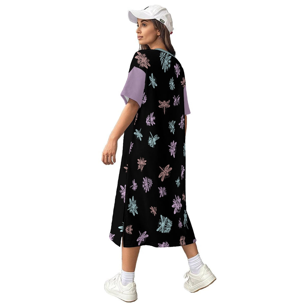 Dragonfly Cotton Midi Dress – Nature Inspired T-Shirt Dress with Side Slits - 180GSM Cotton