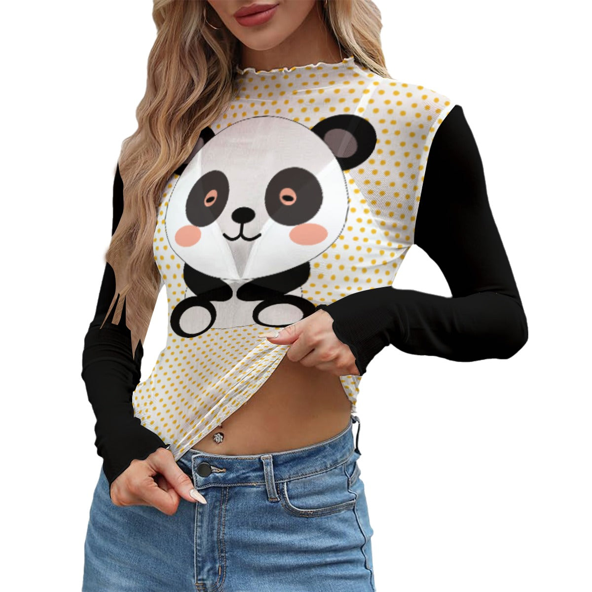 Kawaii Heaven Women's Long Sleeve Mesh T-Shirt - Cute Panda & Polka Dot Print