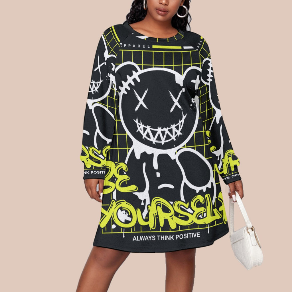 Plus Size Streetwear Graffiti Print Long Sleeve Raglan Dress - Be Yourself Graphic, Comfort Fit