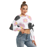 Women's Cropped Fleece Hoodie with Hollow Out Sleeves - Pink & Black Flower Print