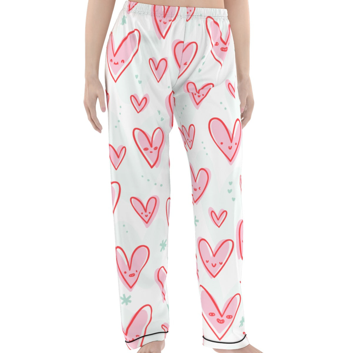 Kawaii Heaven Heart Print Women's Pajamas Set with Elastic Waist & Contrast Piping