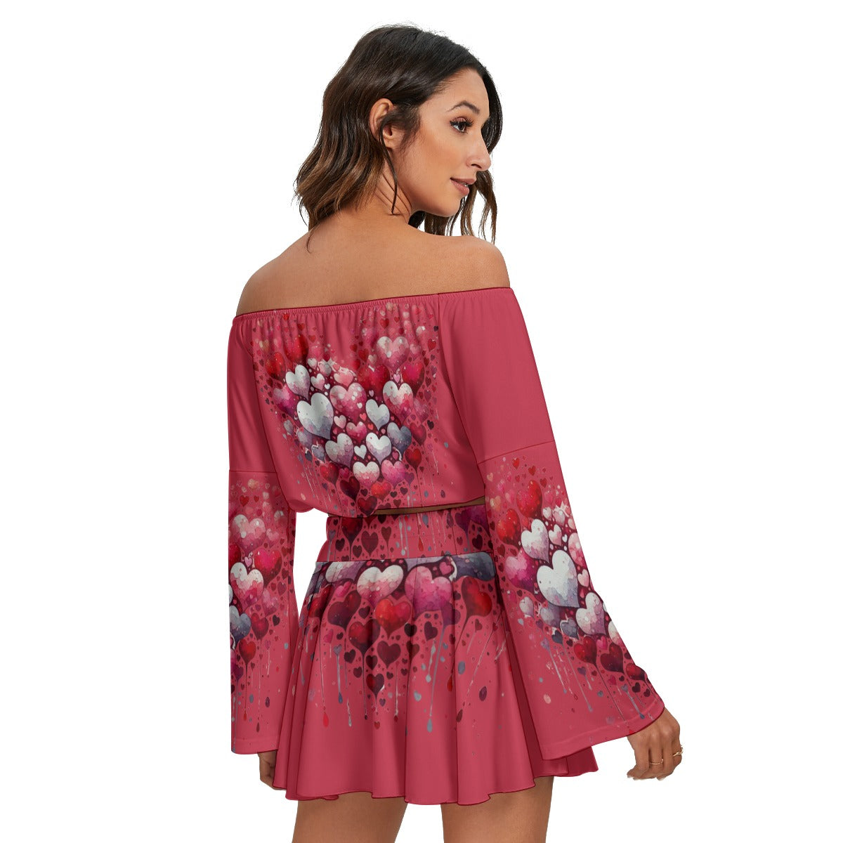 Heart Print Off-Shoulder Two-Piece Set – Long Sleeve Top & Mini Skirt