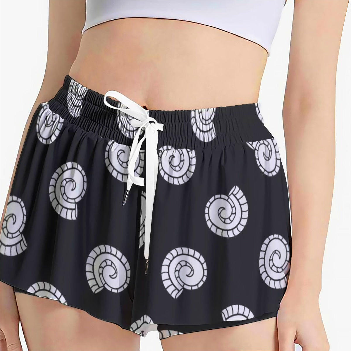 Monochrome Spiral Print Women's Sport Skorts with Pockets - Athletic Skirt Shorts by Kawaii Heaven