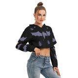 Women's Halloween Bat & Spider Print Cropped Hoodie with Hollow Out Sleeves, Fleece-Lined