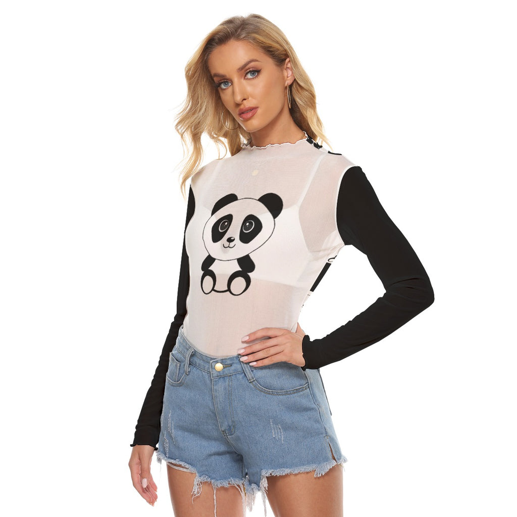 Kawaii Heaven Women's Cute Panda Mesh Long Sleeve Shirt - Sexy Sheer Graphic Top
