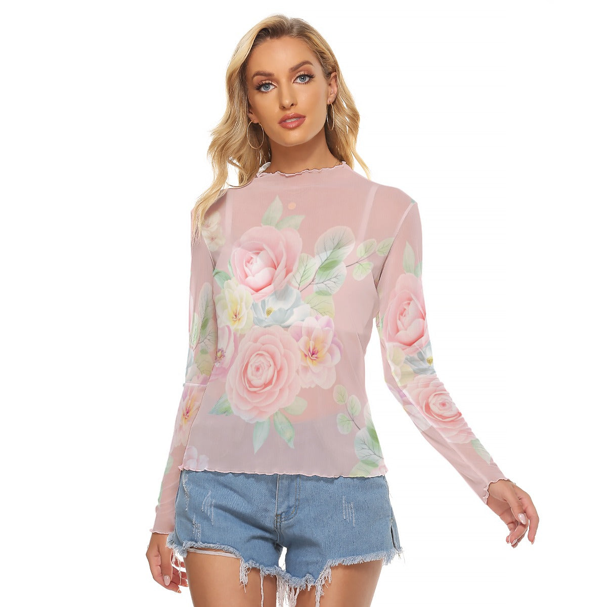 Women's Sheer Floral Mesh T-Shirt | Lightweight Breathable Long Sleeve Blush Rose