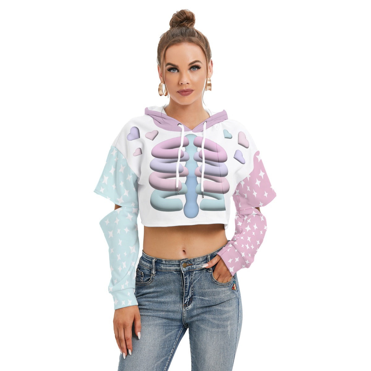 Kawaii Heaven Women's Cropped Hoodie with Pastel Skeleton Print Hollow Out Sleeve Fleece Sweatshirt