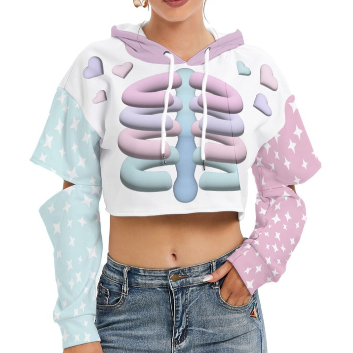 Kawaii Heaven Women's Cropped Hoodie with Pastel Skeleton Print Hollow Out Sleeve Fleece Sweatshirt