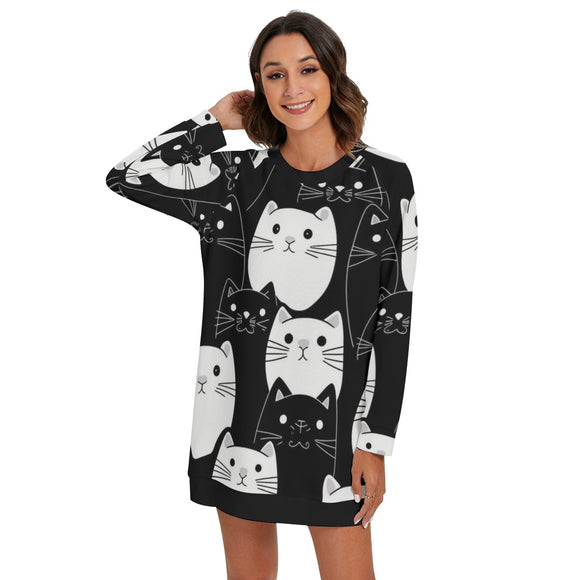 Women's Monochrome Meow Lounge Round Neck Raglan Sleeve Sweater | Polyester Blend