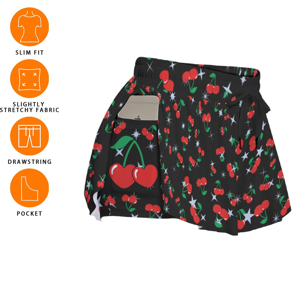 Cherry Print Skort – Black Skirt Shorts with Pockets
