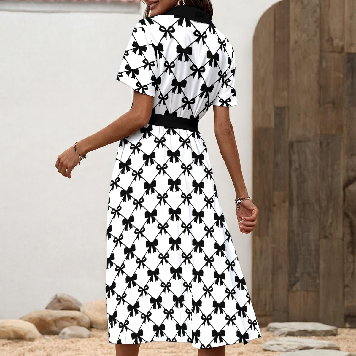 Black Bow Print Shirt Dress – Elegant Midi Dress with Waist Tie