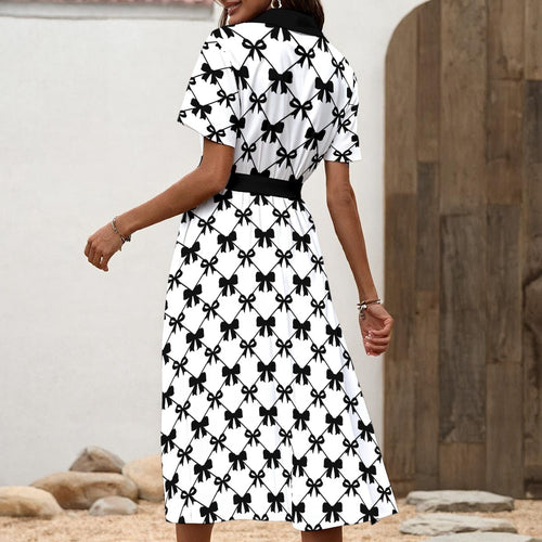 Black Bow Print Shirt Dress – Elegant Midi Dress with Waist Tie