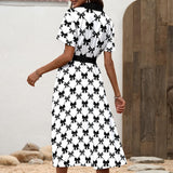 Black Bow Print Shirt Dress – Elegant Midi Dress with Waist Tie