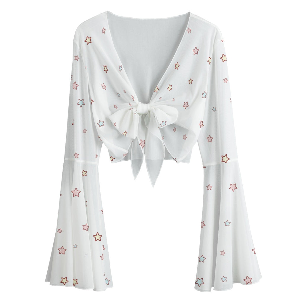 Kawaii Star Crop Blouse Lightweight Long Sleeve Mesh Shirt with Lace-Up & Bell Sleeves