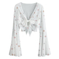 Kawaii Star Crop Blouse Lightweight Long Sleeve Mesh Shirt with Lace-Up & Bell Sleeves