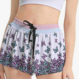 Women's Butterfly Print Athletic Skorts - White Drawstring Sport Skorts with Side Pockets and Built-in Shorts