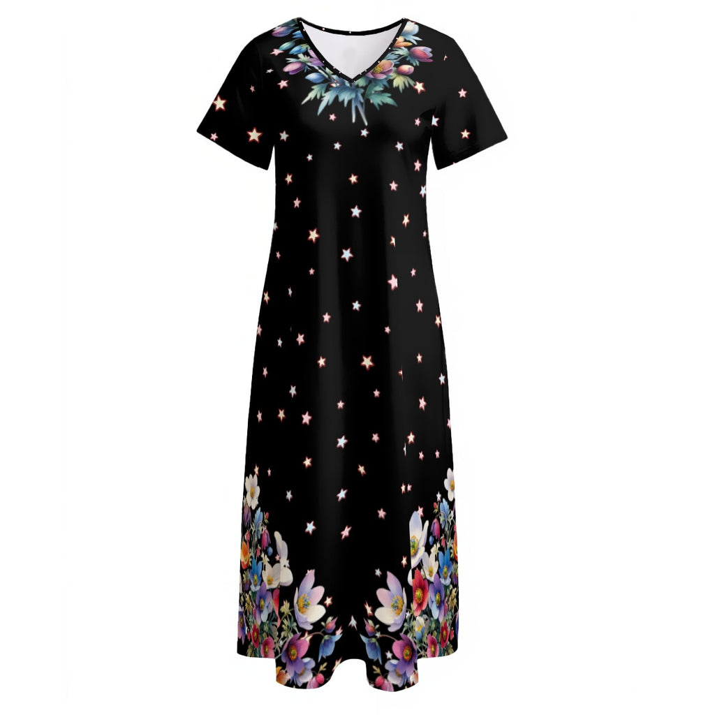 Floral Star Maxi Dress – Black V-Neck Summer Dress with Side Slits