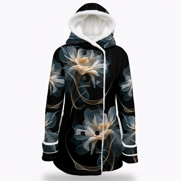 Floral Double-Breasted Hooded Jacket – Warm Fleece-Lined Winter Coat for Women