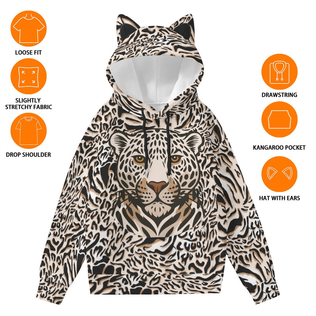 Kawaii Heaven Women's Leopard Face Print Hoodie with Decorative Cat Ears - Cute Pullover Sweatshirt