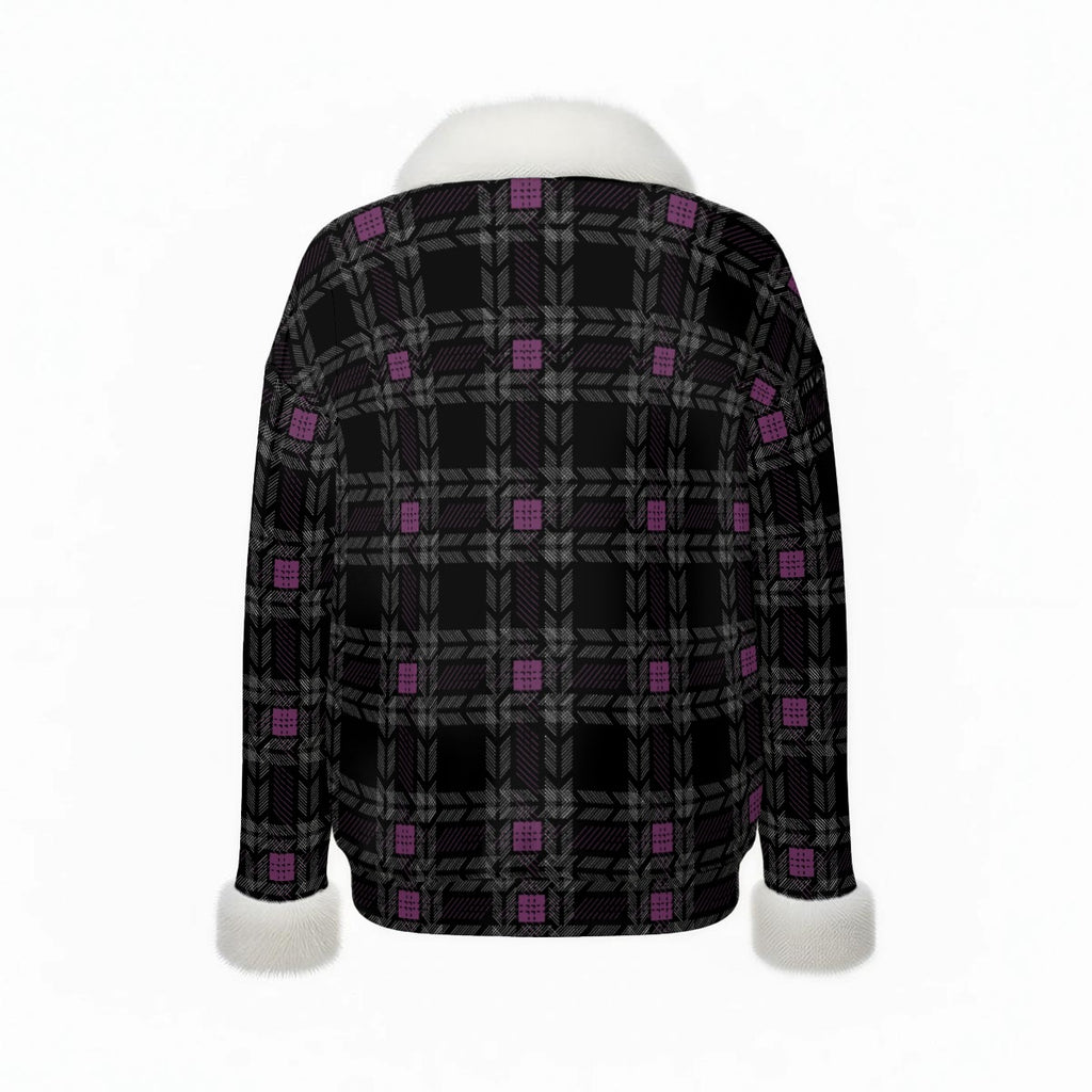 Black Plaid Faux-Fur Trim Sweater Top