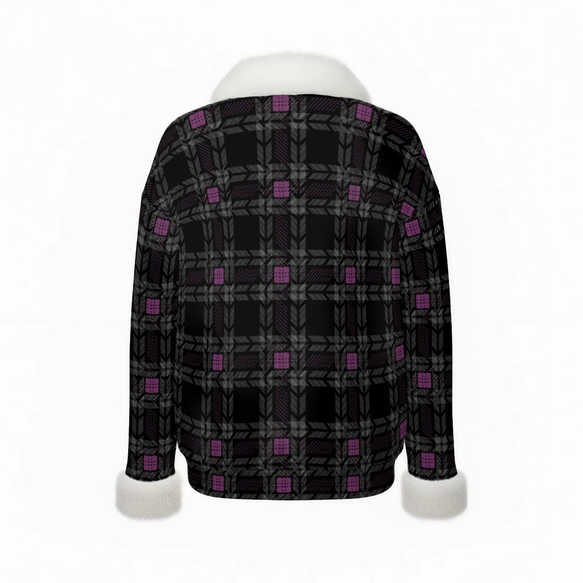Black Plaid Faux-Fur Trim Sweater Top