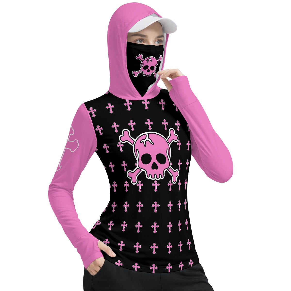 Pink Skull Hooded Top with Face Cover – Goth Long Sleeve Shirt