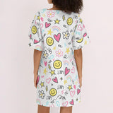 Kawaii Smiley Face Tunic Dress – Cute Cartoon Print V-Neck Mini Dress
