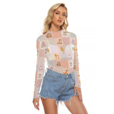 Women's Kawaii Animal Mesh Long Sleeve T-shirt, Breathable & Stylish