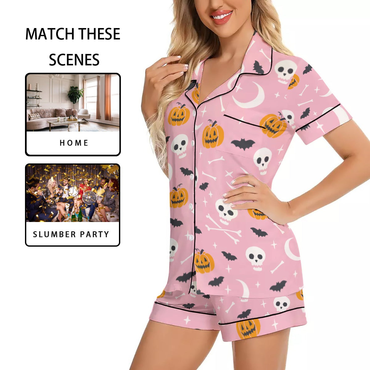 Women's Imitation Silk Short Sleeve Pajama Set - Halloween Pumpkin Skull Bat Print