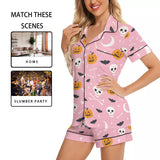 Women's Imitation Silk Short Sleeve Pajama Set - Halloween Pumpkin Skull Bat Print