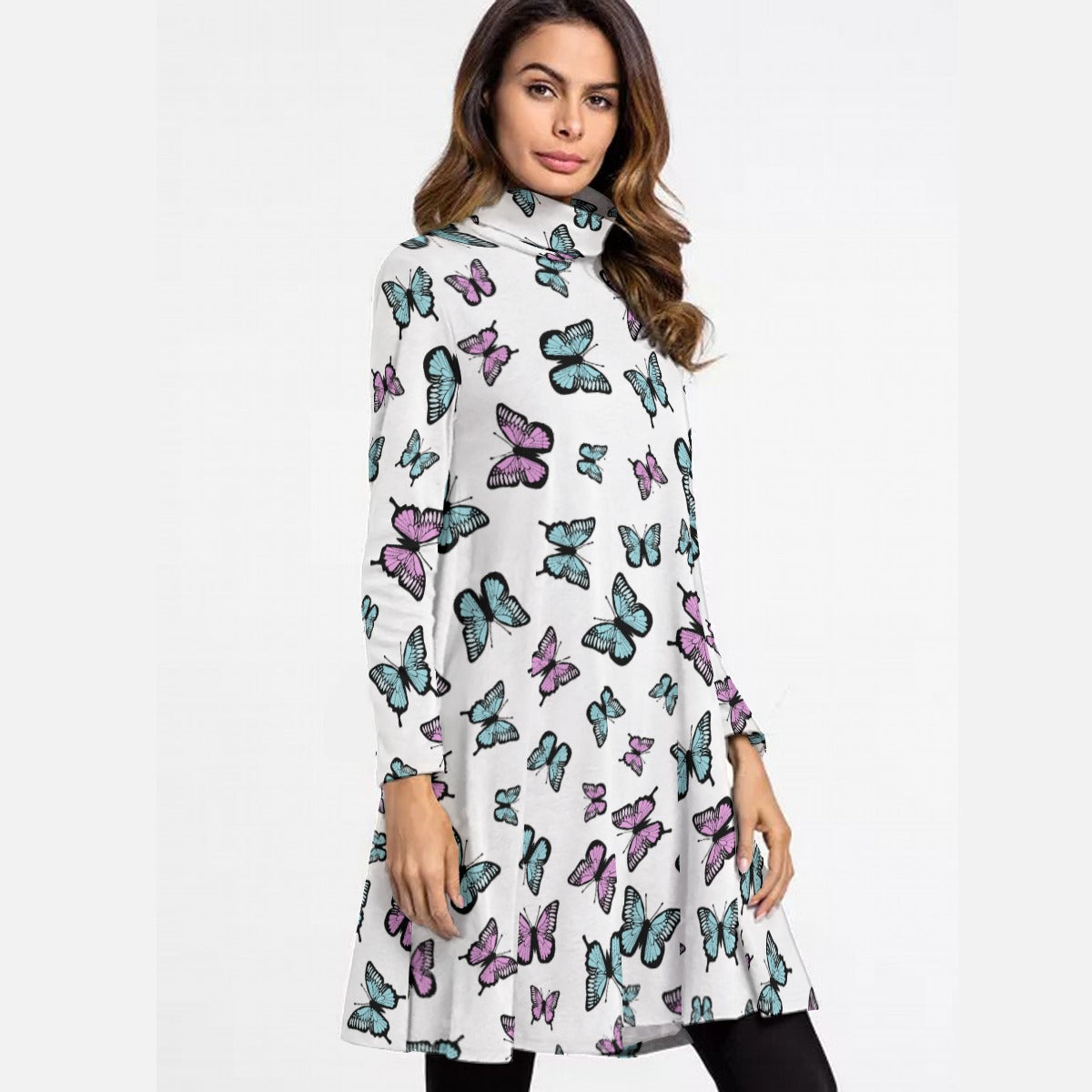 Kawaii Heaven Women's Whimsical Butterflies Turtleneck Swing Dress for Autumn