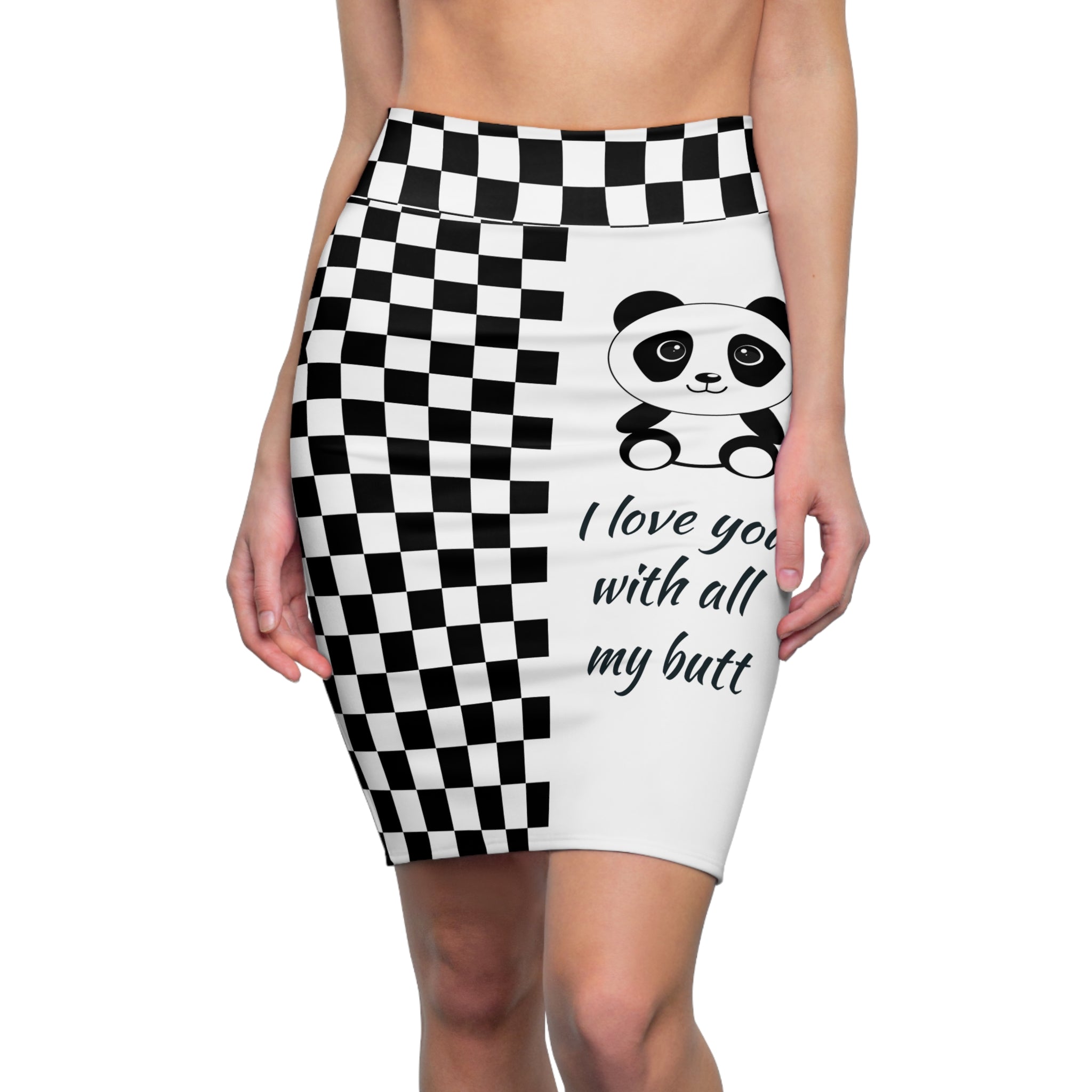 Chessboard Kawaii Panda Women's Pencil Skirt, Cute Panda Print Skirt, Black and White Checkered Skirt, Fun Animal Design Bottoms, Unique