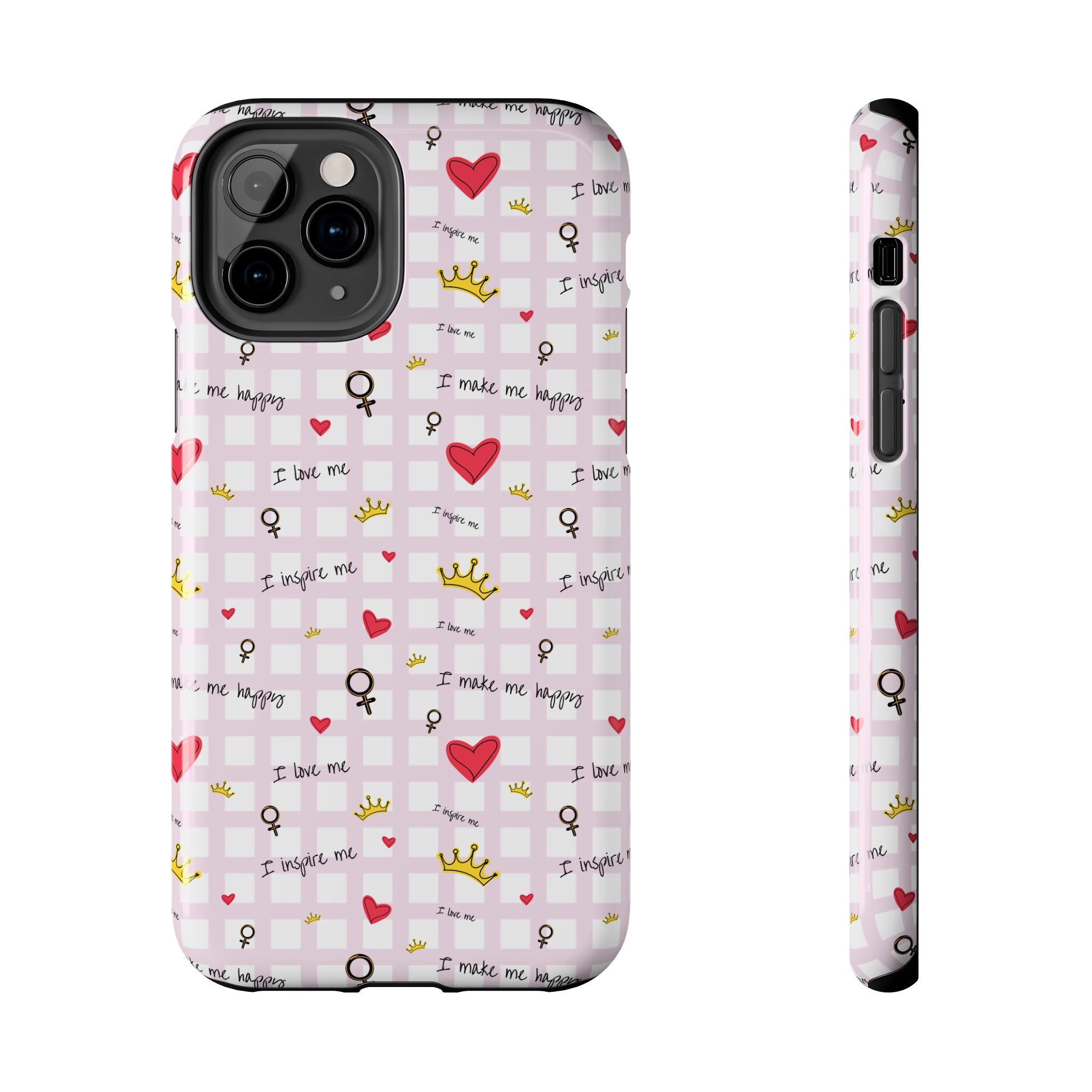 Cozy Hearts & Crowns Phone Case, Heart Design Protective Phone Cover, Crown Pattern Tough Case, Girly Phone Accessories, Valentine's Day