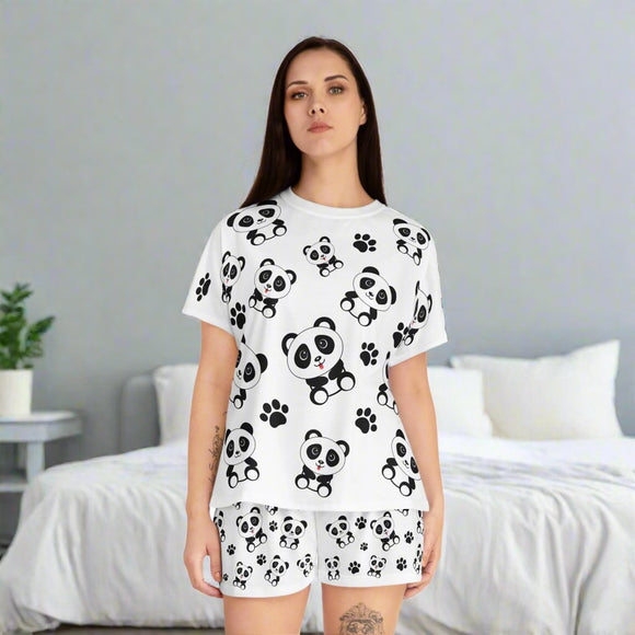 Cute Panda Pajama Set, Women's PJ Set with Kawaii Pandas, Panda Footprints, Matching Sleepwear, Loungewear, Gift for Her