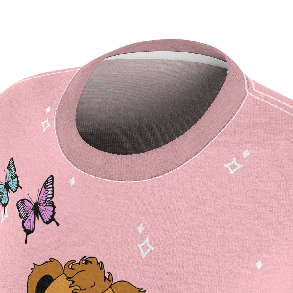 Cute Lion with Butterflies and Rainbow Pink Tee, Women's Graphic Tshirt, Animal Lover Gift, Colorful Nature Shirt, Wildlife Clothing, Summer