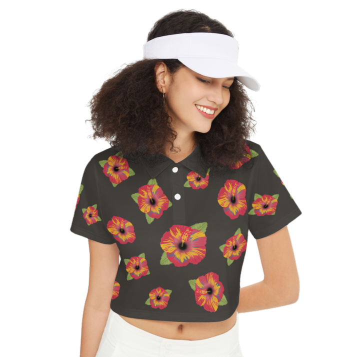 Poppy Flower Pattern Women's Short-Sleeve Crop Polo Shirt-Heavyweight 225g
