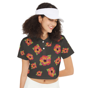 Poppy Flower Pattern Women's Short-Sleeve Crop Polo Shirt-Heavyweight 225g