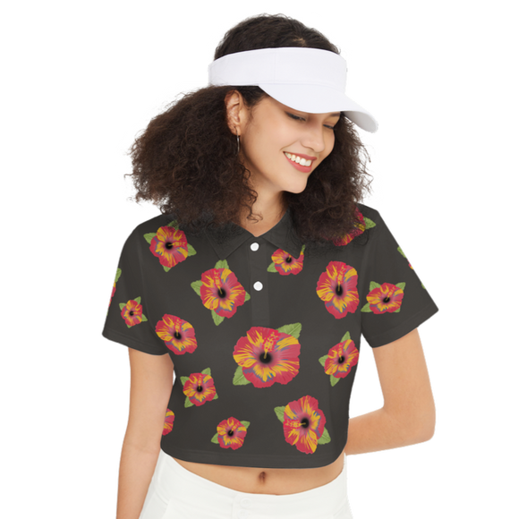 Poppy Flower Pattern Women's Short-Sleeve Crop Polo Shirt-Heavyweight 225g