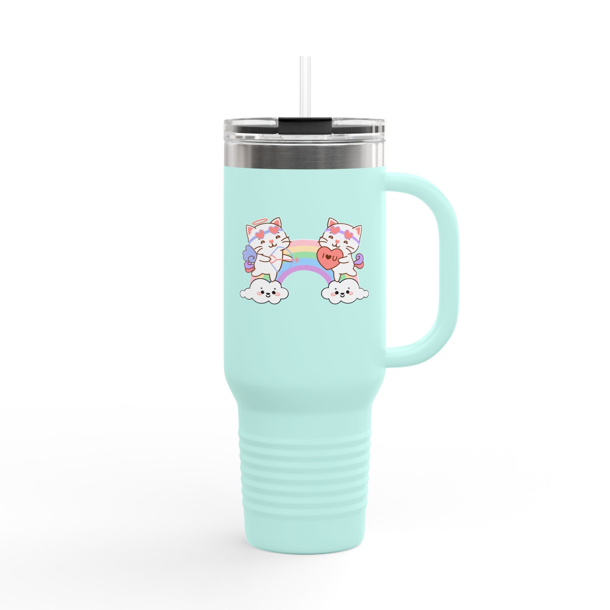 Cupido Cat Rainbow Heart Love Insulated Travel Mug, 40oz - Cute Kitty Space Cup, Valentine's Gift, Coffee Tea Tumbler, Cat Lover Present