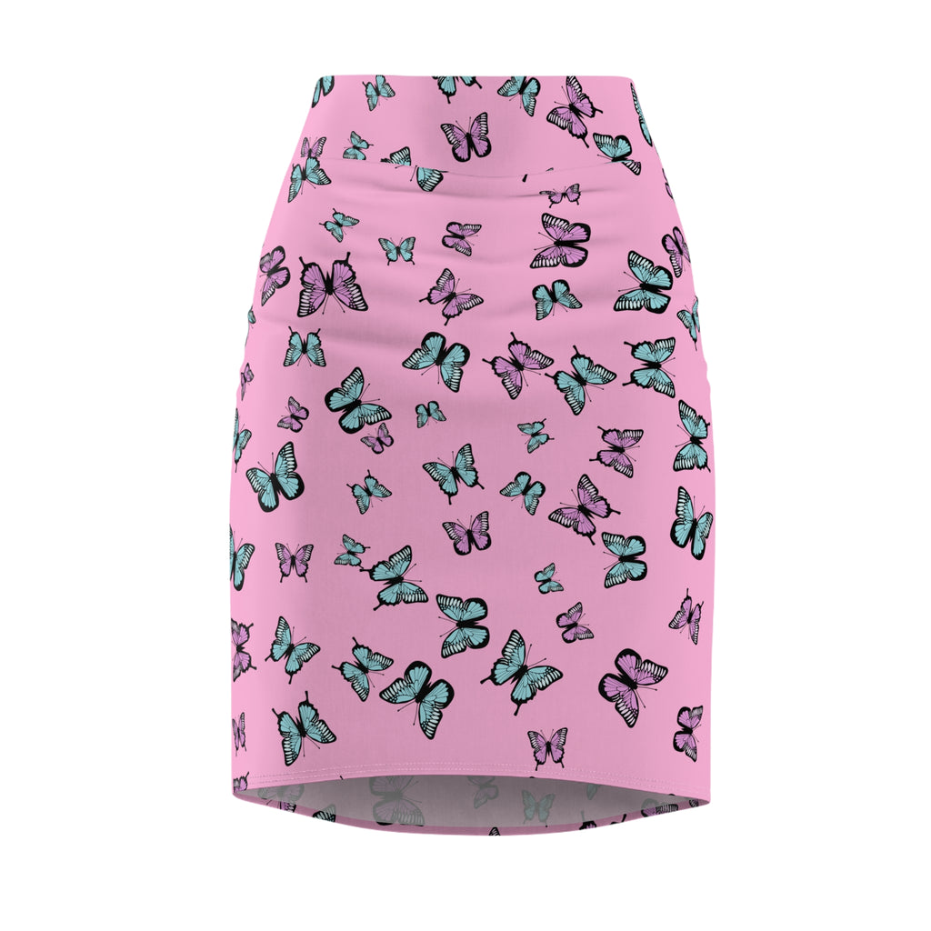 Butterfly Pattern Pink Women's Pencil Skirt, Floral Print Stretchy Knee Length Skirt, Fashionable Spring Summer Clothing, Cute Insect Theme
