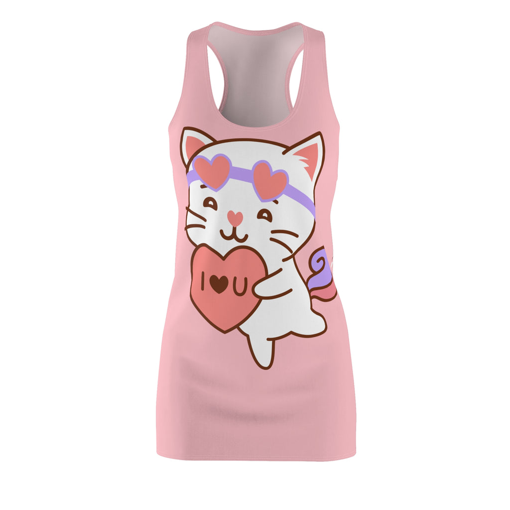 Kawaii Cat with Heart Dress, Cute Cat Racerback Dress, Cat Lover Gift, Women's Dress, Sleeveless Dress