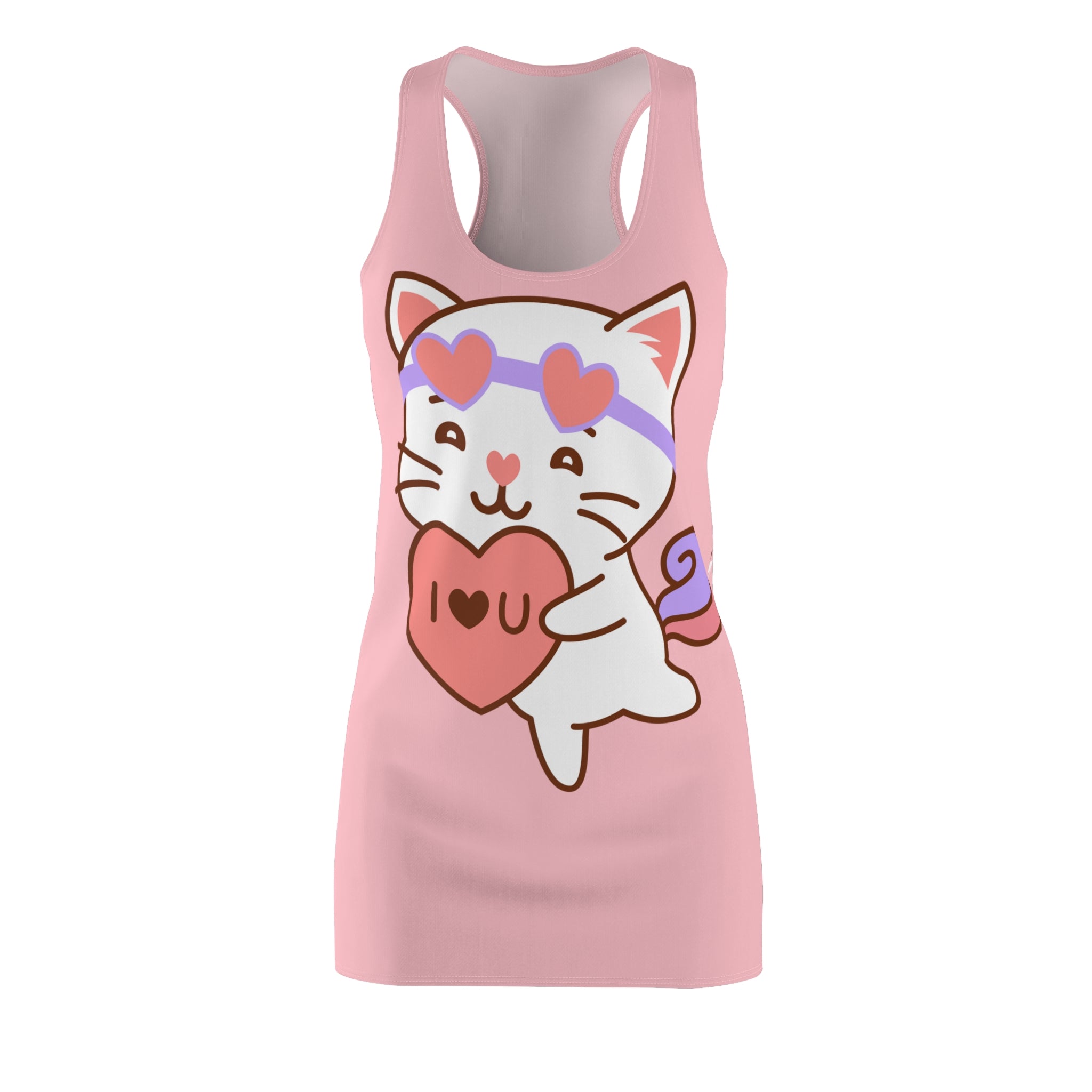 Kawaii Cat with Heart Dress, Cute Cat Racerback Dress, Cat Lover Gift, Women's Dress, Sleeveless Dress