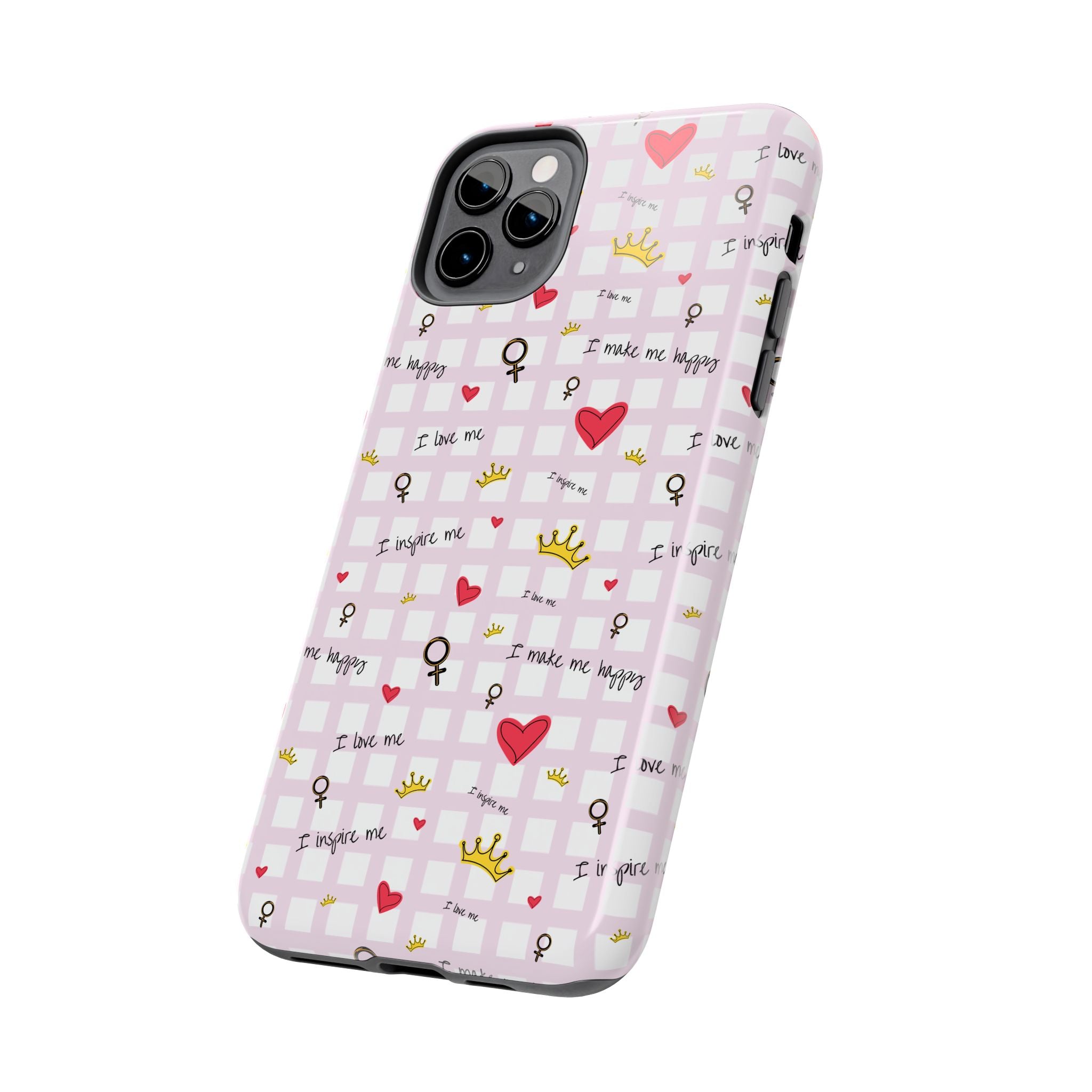 Cozy Hearts & Crowns Phone Case, Heart Design Protective Phone Cover, Crown Pattern Tough Case, Girly Phone Accessories, Valentine's Day