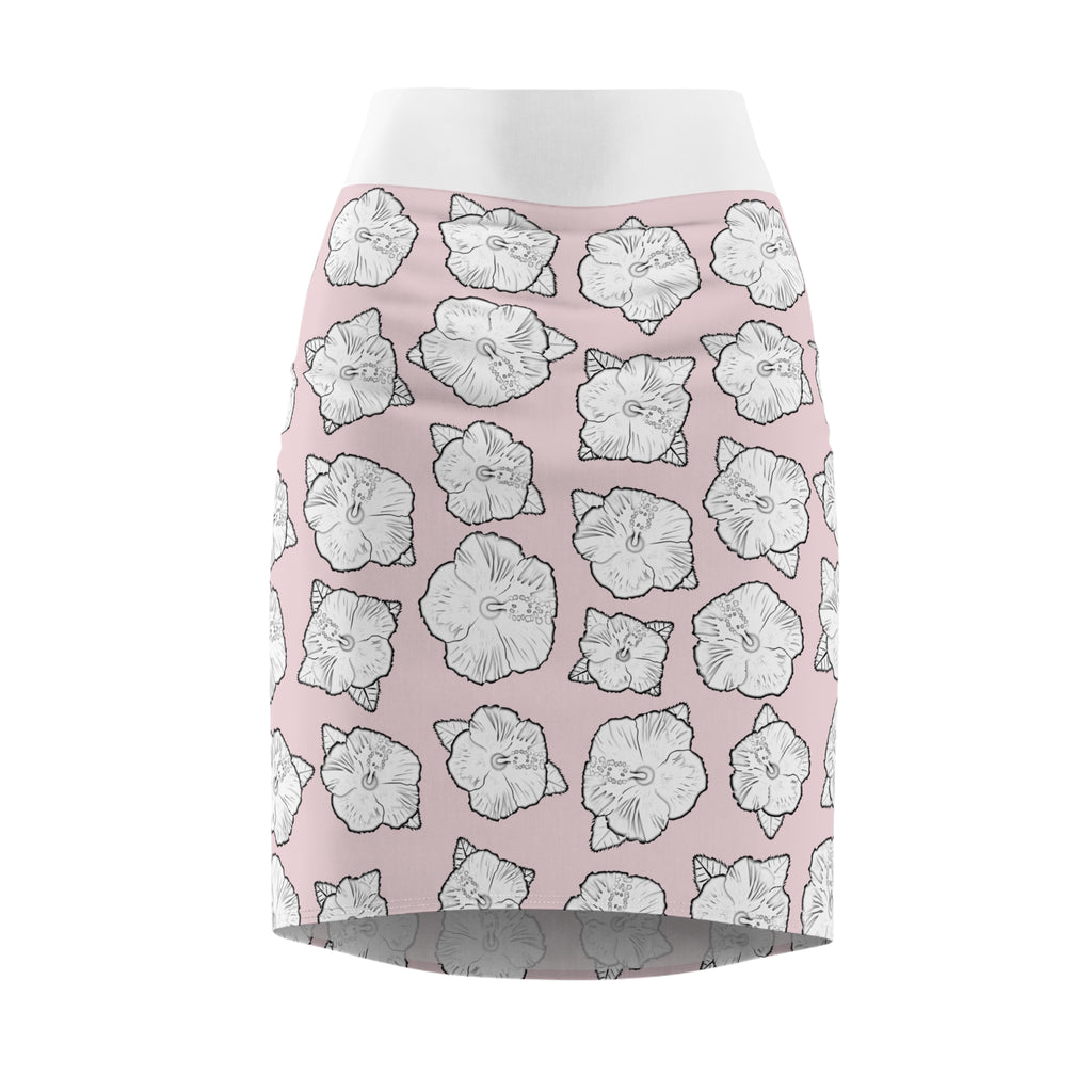 Poppy Pattern Pink Women's Pencil Skirt - Floral Print High Waisted Midi Skirt, Fashionable Spring Outfit, Cute Patterned Knee Length