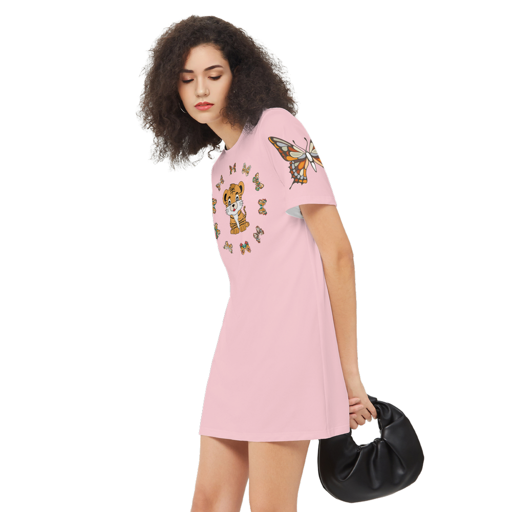 Kawaii Tiger with Butterflies Women's Short-Sleeve T-Shirt Dress-Heavyweight 225g