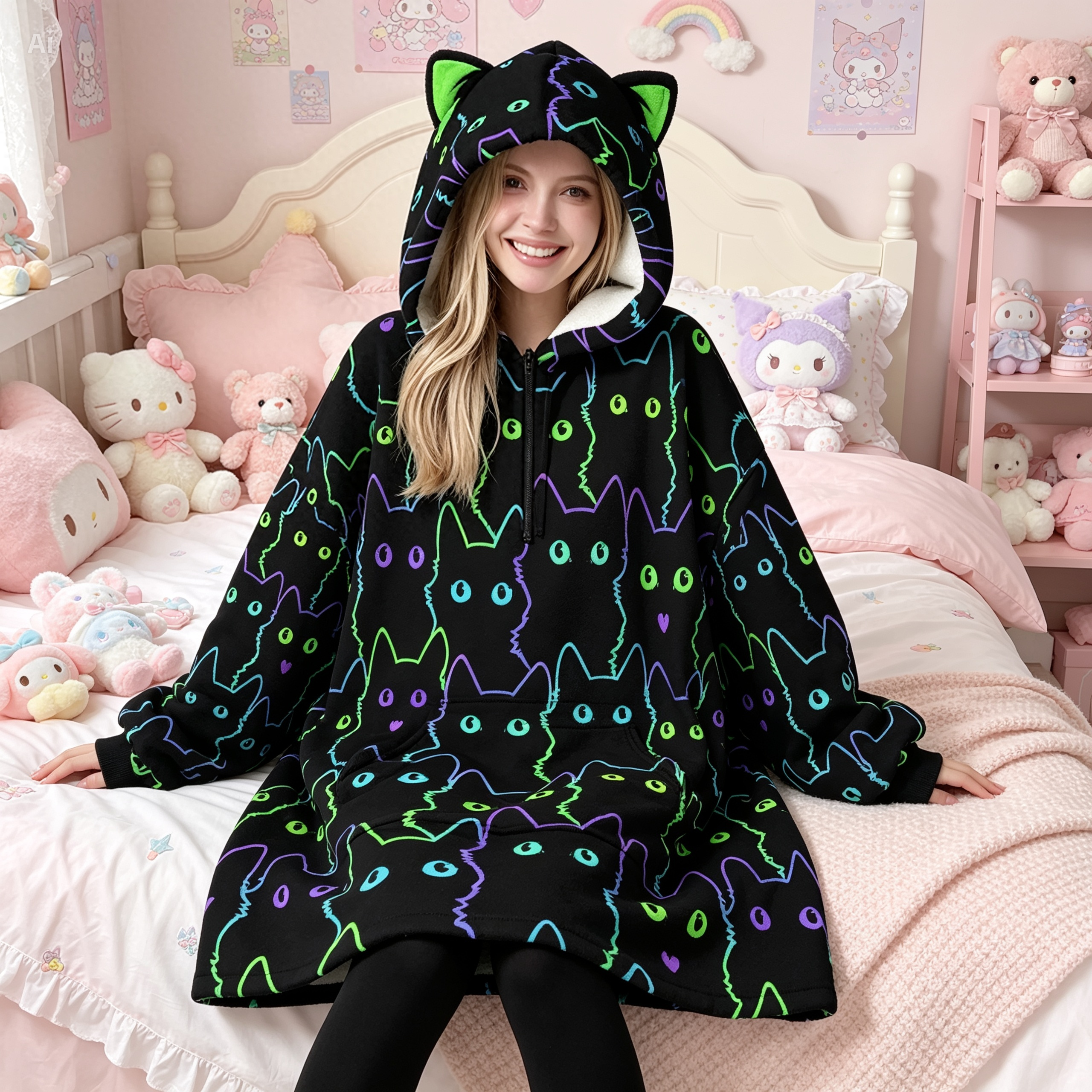 Neon Cat Oversized Fleece Blanket Hoodie