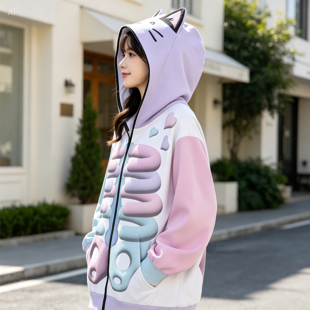 Kawaii Heaven Unisex Zip Up Hoodie with Cat Ears Pastel Skeleton Print