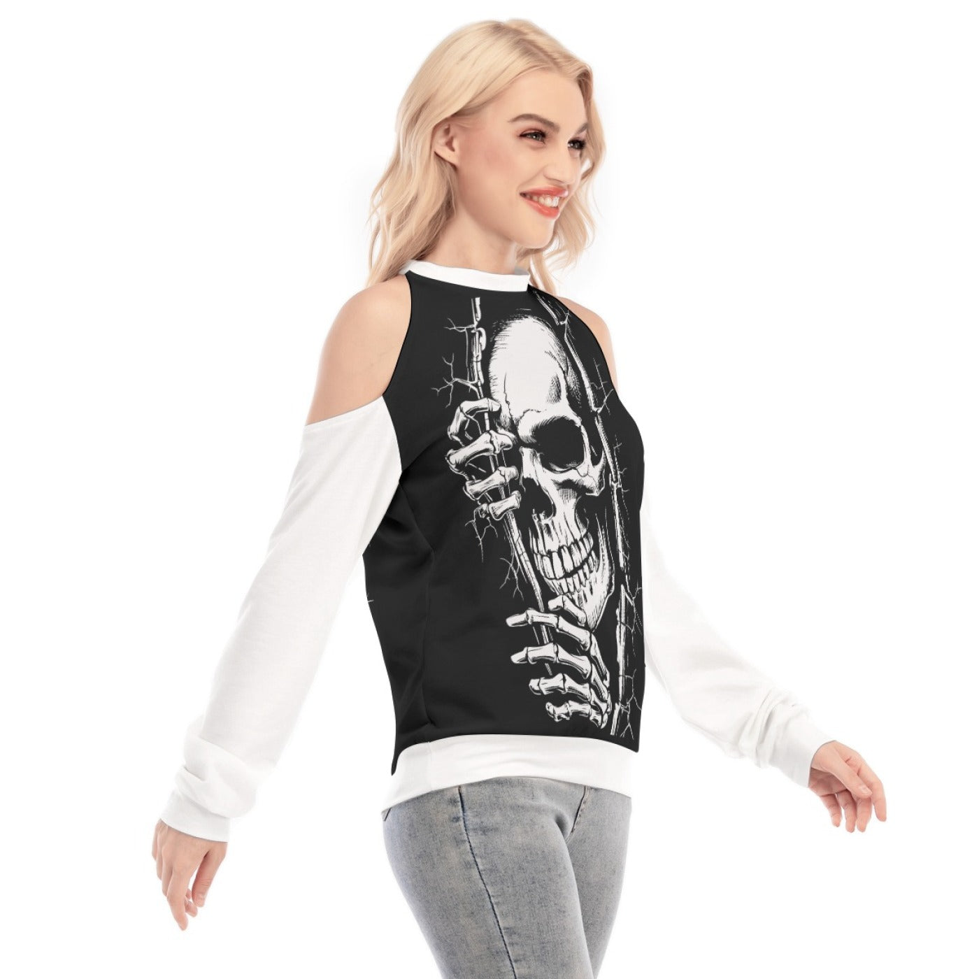 Women's Gothic Skull Cold Shoulder Sweatshirt – Cut-Out Long Sleeve Top