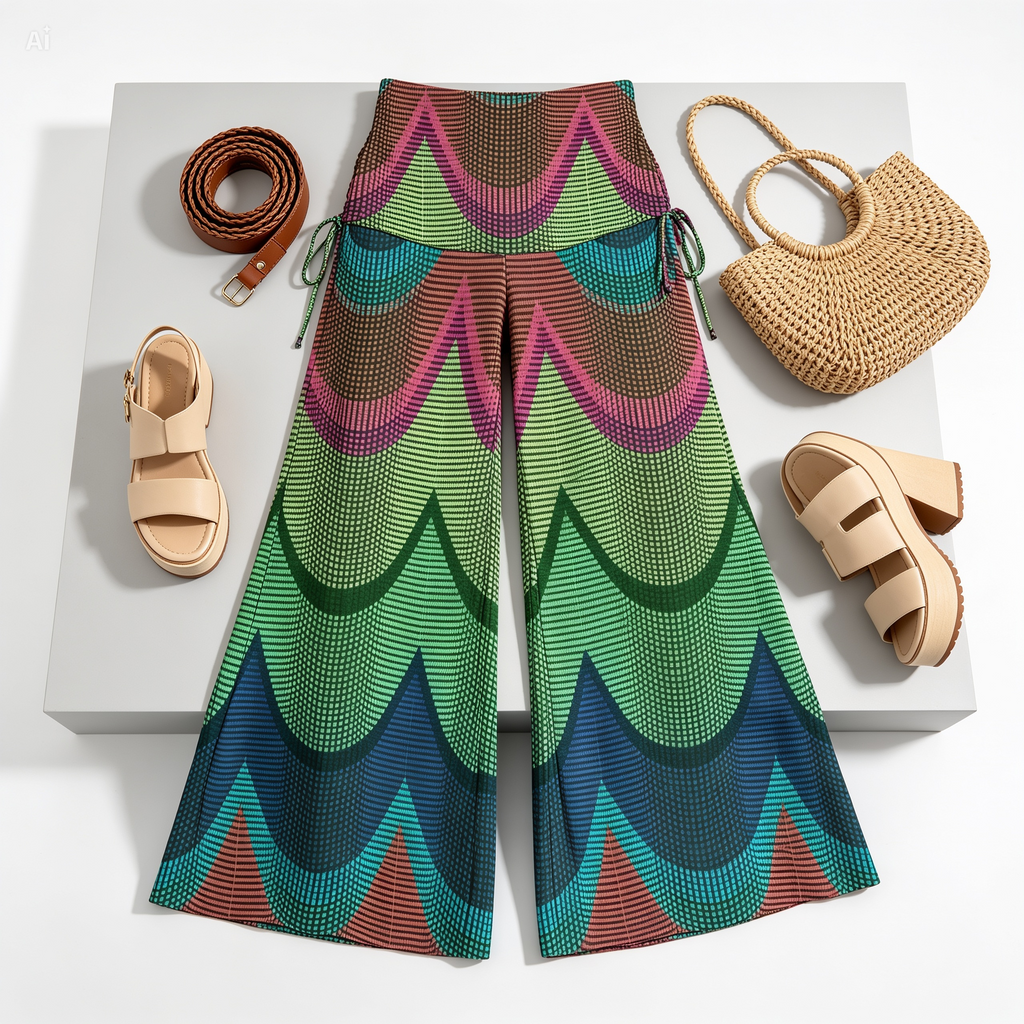 Rainbow Wave Wide Leg Pants – Boho Fold Over Palazzo Pants