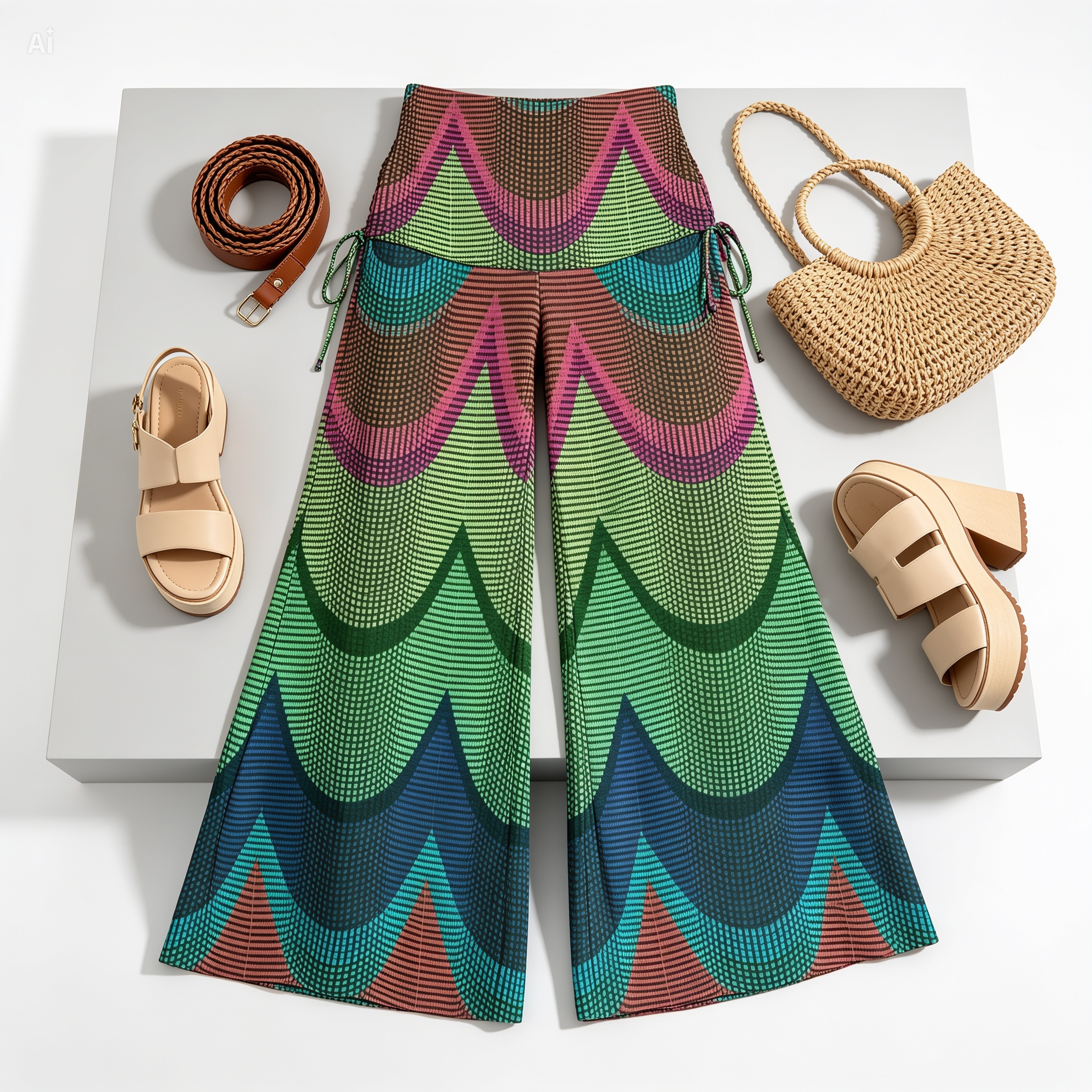 Rainbow Wave Wide Leg Pants – Boho Fold Over Palazzo Pants